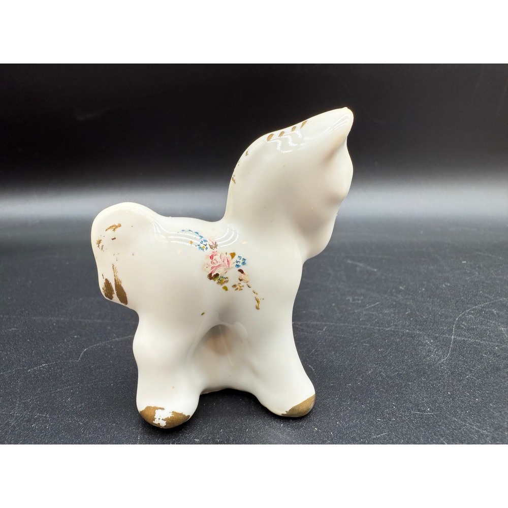 Vintage Ceramic Horse Figurine‎ White with Pink Floral Gold Accents Shabby Chic